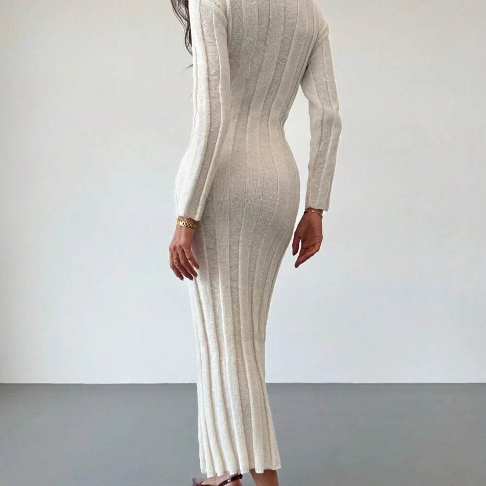 Beige Elegant Women's Crew Neck Long Warm & Comfortable Knit Casual Dress - Picture 5 of 9